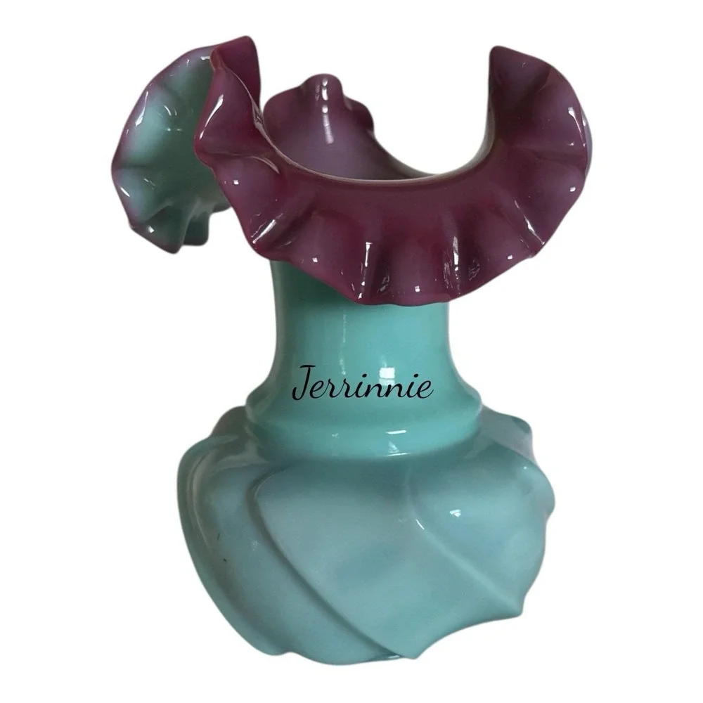 Fenton Art Glass Cased Glass Vace With Lilac And Turquoise